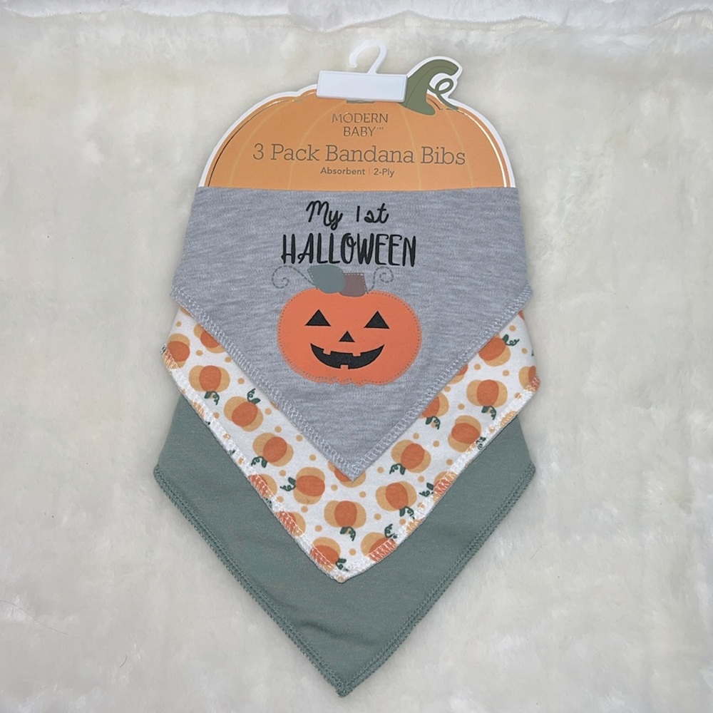 Modern Baby 3 Pack Bandana Bibs - My 1st Halloween Pumpkins Green - 2-ply